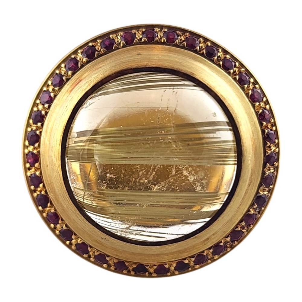 18K Yellow Gold Rutilated Quartz & Natural Ruby Halo Style Ring Size 7 #19024
